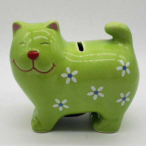 Lime Green Cat Shaped Applied White Blue Flowers Ceramic Piggy Bank with Stopper - Picture 13 of 13